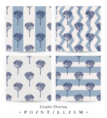  Gül çiçek ve beyaz arka plan üzerinde izole mavi şeritler ile Dikişsiz desen seti