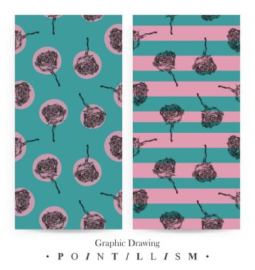 Gül çiçek ve pembe çizgiler üzerinde Akuamarin arka plan izole ile Dikişsiz desen seti