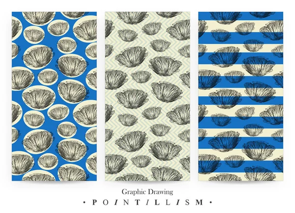 Conjunto de padrões sem costura com flores Poppy e listras azuis isoladas em fundo amarelo — Fotografia de Stock