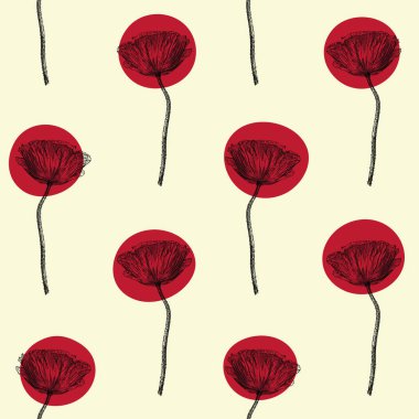  Vektör seamless modeli ile izole Sarı zemin üzerine kırmızı haşhaş çiçek