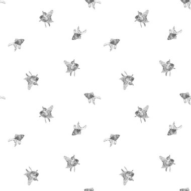  Vektör seamless modeli ile el ile çizilmiş beyaz arka plan üzerinde izole goldfish