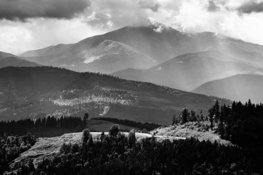 Yaz dağ manzarası. Hoverla dramatik bulutlu gökyüzü altında. Karpatlar, Ukrayna'da seyahat. Siyah ve beyaz fotoğraf