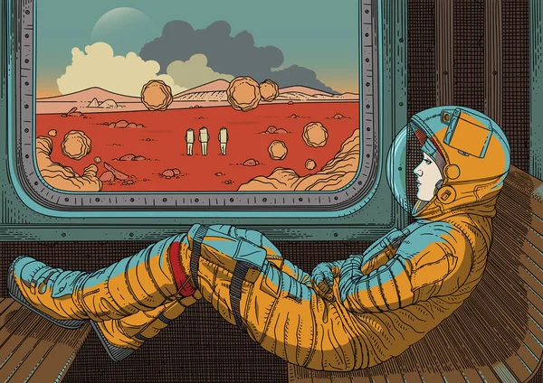 Flicka på tåget. Vektorillustration med astronauten resor med järnväg på Mars — Stock vektor