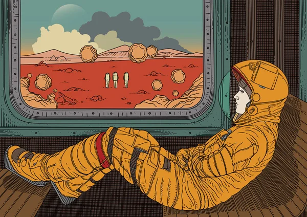 Flicka på tåget. Vektorillustration med astronauten resor med järnväg på Mars — Stock vektor