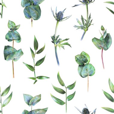  Yeşil okaliptüs, feverweeds ve ruscus yaprak beyaz ile sorunsuz çiçek desenli