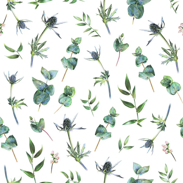 Seamless floral pattern with green eucalyptus, feverweeds and leaves of ruscus on white — Stock Photo, Image