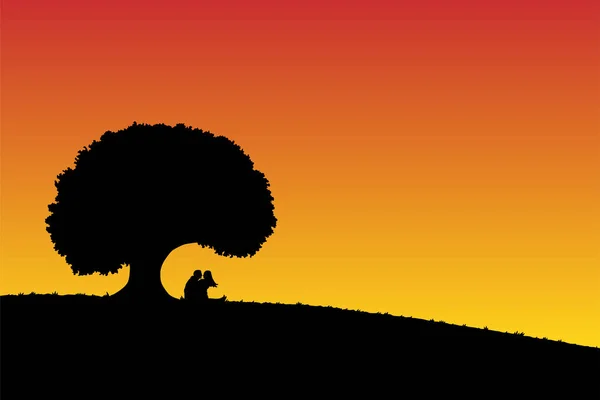 Amoureux sous l'arbre au coucher du soleil — Image vectorielle
