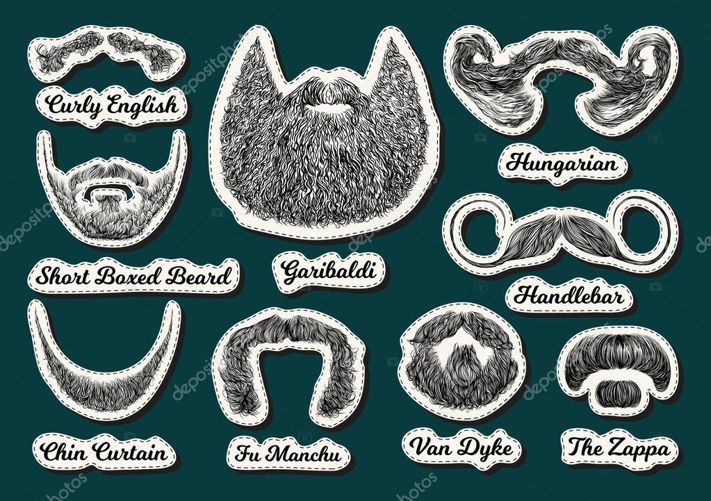  Set of vector stickers with beards and mustaches