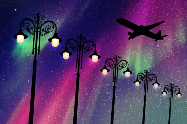 Fliegende Flugzeuge und historische Laternenpfähle in der Nacht — Stockvektor