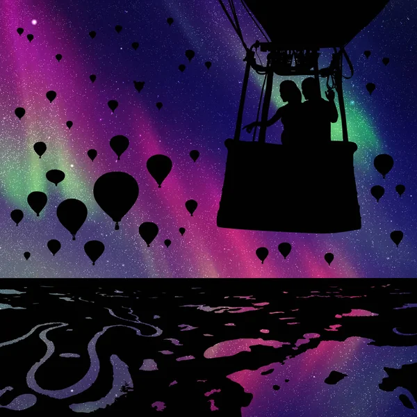 Lovers in balloon at night — Stock Vector