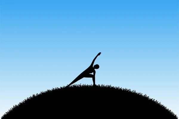 Vektor Illustration Med Isoleret Silhuet Yoga Pige Græs Blå Pastelbaggrund – Stock-vektor