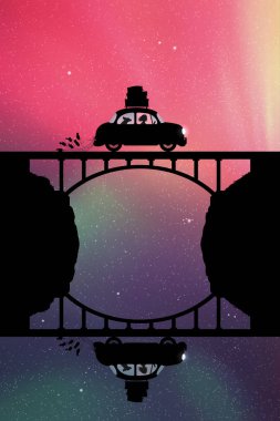 Gece köprüde Retro Car var. Kamp yapan kadın ve köpek siluetleriyle vektör çizimi. Aile gezisi. Yıldızlı gökyüzünde kuzey ışıkları. Renkli aurora borealis