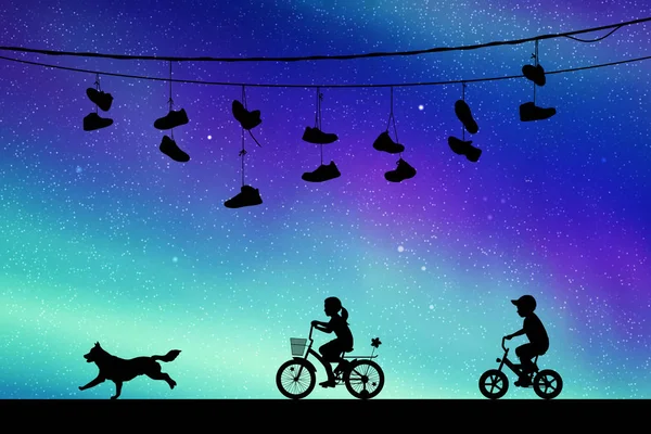 骑自行车的孩子和穿着钢丝鞋的跑狗 用夜间骑自行车的男孩和女孩的轮廓来描述病媒图解 家庭公路旅行 星空中的北极光 五彩缤纷的北极光 — 图库矢量图片