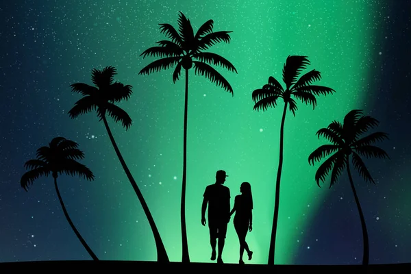 两个情人晚上在棕榈滩散步 用充满爱意的夫妇和热带树木的轮廓来描绘矢量图 星空中的北极光 五彩缤纷的北极光 — 图库矢量图片