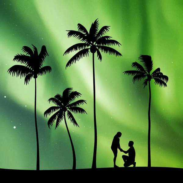 浪漫的求婚在棕榈滩的夜晚 用充满爱意的夫妇和热带树木的轮廓来描绘矢量图 建立家庭 星空中的北极光 五彩缤纷的北极光 — 图库矢量图片