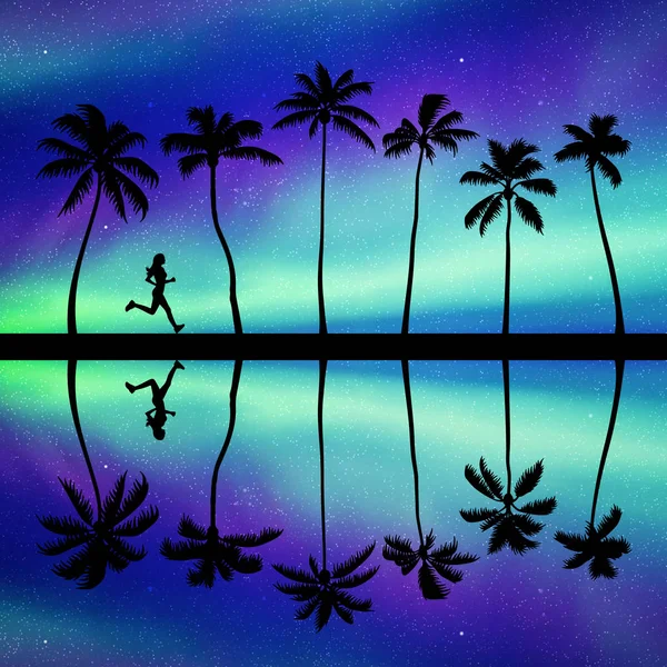 Chica Corriendo Palm Beach Por Noche Ilustración Vectorial Con Silueta — Vector de stock