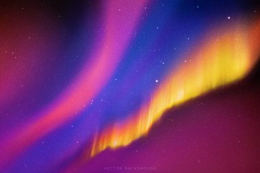 Güzel yıldızlı gökyüzü ve kuzey ışıklarıyla vektör çizimi. Mor, sarı ve mavi renklerde aurora borealis ile soyut renkli arkaplan