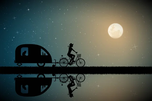 달빛이 비추는 도로에 자전거에 트레일러와 여행하는 사이클리스트와 동물의 실루엣벡터 일러스트레이션 — 스톡 벡터