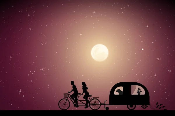 달빛이 비추는 도로에서 자전거 탠덤을 트레일러와 여행하는 사람과 강아지의 실루엣벡터 — 스톡 벡터