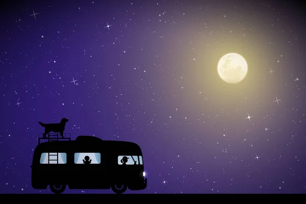 Desenhos animados retro carro na estrada na noite de luar —  Vetores de Stock