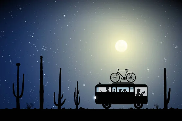 Cartoon retro auto tussen cactussen op de weg op maanverlichte nacht — Stockvector