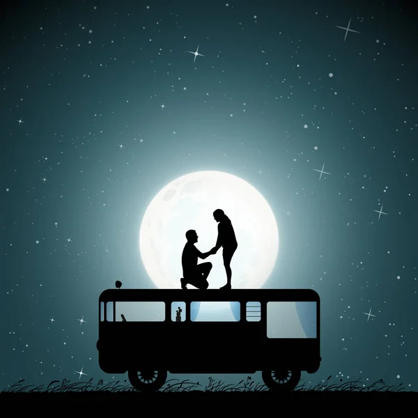 Любовники на крыше ретро-машины в ночь луны — стоковый вектор