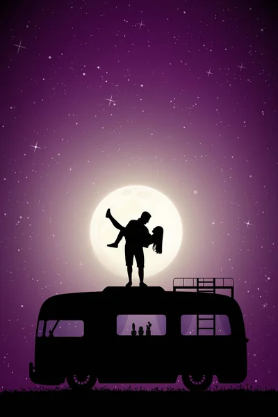 Guy carry girl on roof of retro car on moonlit night — 스톡 벡터