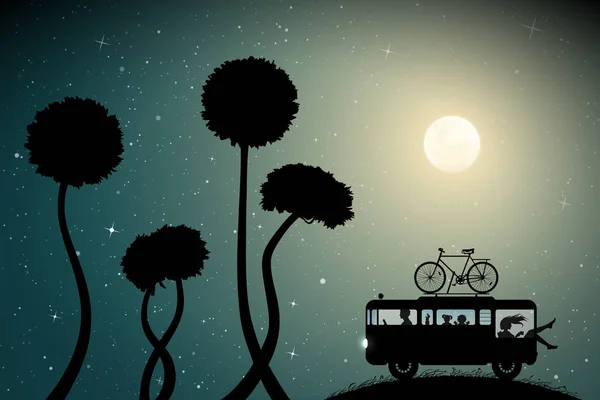 Ρετρό αυτοκίνητο στο λόφο μεταξύ πικραλίδες στο φεγγάρι φωτισμένο νύχτα — Διανυσματικό Αρχείο