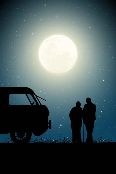 Starzy kochankowie w pobliżu samochodu retro w księżycową noc — Wektor stockowy