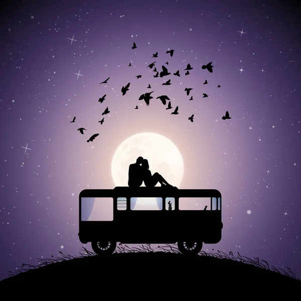 Lovers on roof of retro car on moonlit night — 스톡 벡터