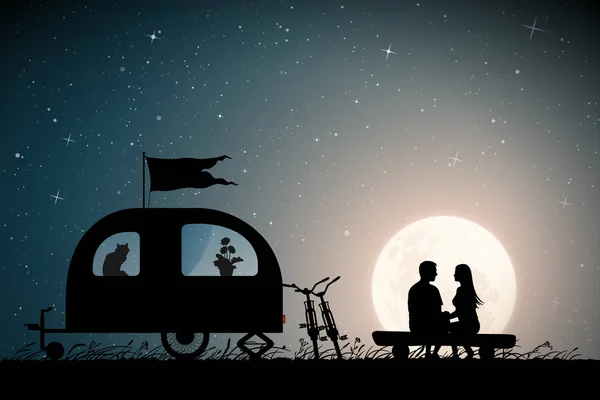 Lovers near camper trailer on moonlit night — 스톡 벡터