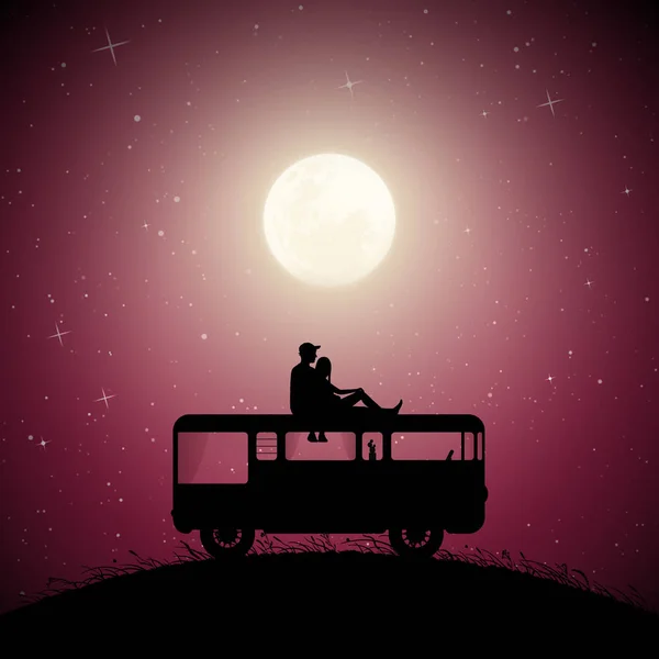 Lovers on roof of retro car on moonlit night — 스톡 벡터