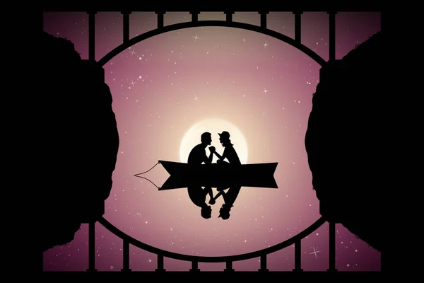 Lovers in boat under bridge on moonlit night — 스톡 벡터