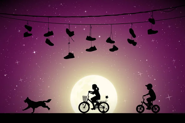 Children on bicycles and running dog under shoes on wires on moonlit night — 스톡 벡터