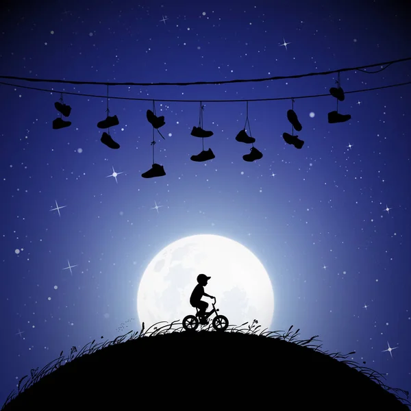 Mały chłopiec na rowerze w księżycową noc — Wektor stockowy