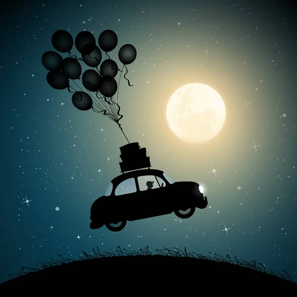 Retro samochód lata na balonach w księżycową noc — Wektor stockowy
