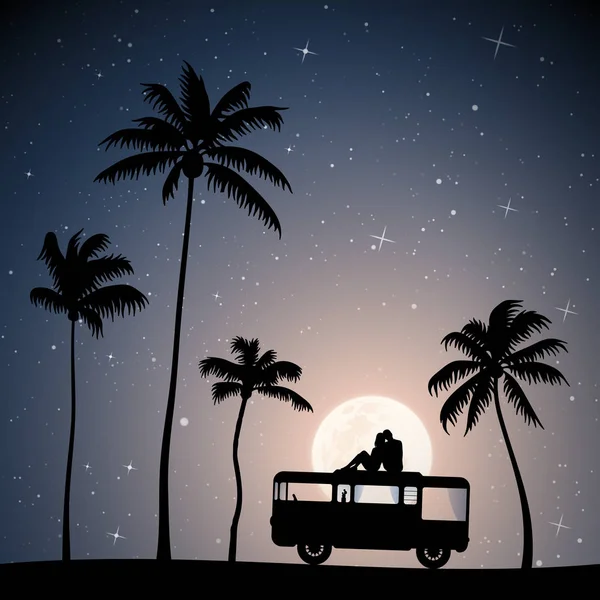 Lovers on roof of retro car on moonlit night — 스톡 벡터