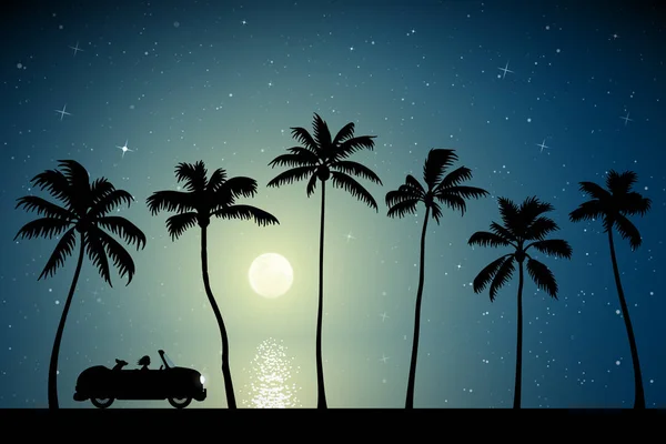 Retro car on palm beach on moonlit night — 스톡 벡터