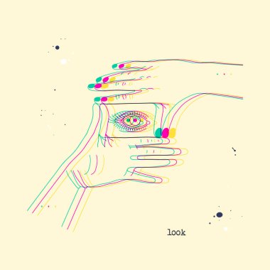 Çerçeveli ellerde bir göz. Stereoskopik vektör el hareketi dikdörtgen çerçeve gösteriyor. 3 boyutlu stereo efektli kavramsal arka plan. Poster veya baskı tasarımı için vücut dili ile arıza illüstrasyonuName