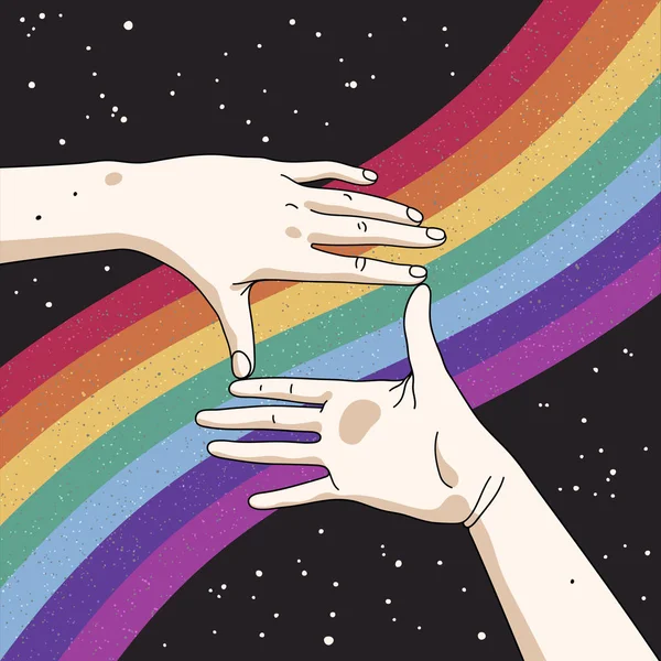 彩虹在框框的手 盖伊骄傲 浪漫的Lgbt概念 太空中的星星海报 T恤衫印刷品 明信片的矢量彩色图片摘要 — 图库矢量图片