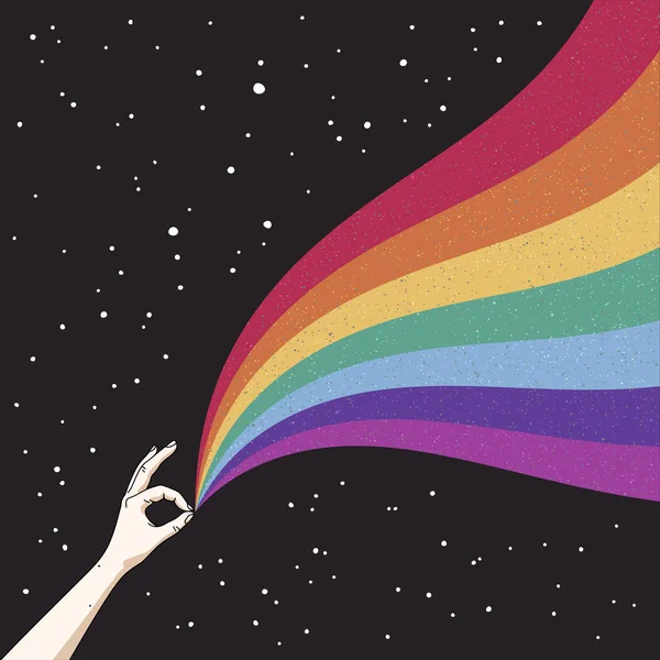 手は宇宙で虹を保持します プライド ロマンチックなLgbtの概念 Lgbtの旗 ポスター Tシャツプリント ポストカードのための抽象ベクトルカラフルなイラスト — ストックベクタ