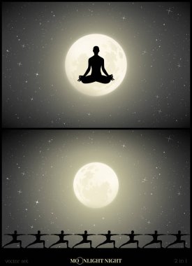 Ay ışığında yoga yapan insanların siluetlerinin olduğu vektör illüstrasyonları. Lotus pozisyonunda yoga yapan kız. Yogiler savaşçı pozunda. Yıldızlı gökyüzünde dolunay