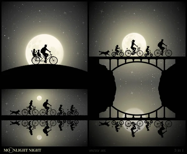 Set Vector Illustraties Met Silhouetten Van Fietsers Loophond Maanverlichte Nacht — Stockvector