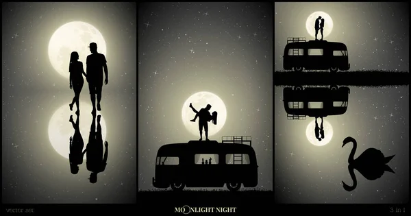 Set of vector illustration with silhouette of loving couple in park on moonlit night. Two lovers walk after rain. Guy carry girl on roof of retro car. Swan on lake. Full moon in starry sky