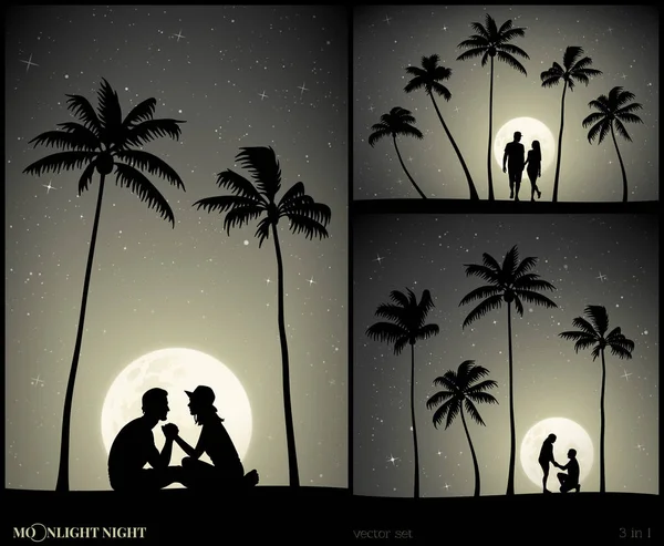 Conjunto Ilustración Vectorial Con Siluetas Amantes Playa Noche Iluminada Por — Vector de stock