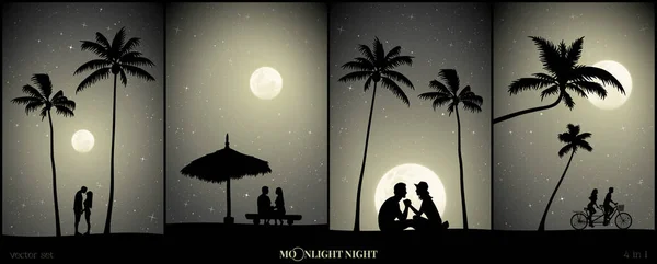 月光の夜にビーチで恋人のシルエットとベクトルイラストのセット ヤシの木の下の砂の上の人々 藁傘の下でカップル 自転車のタンデムで家族 星空の満月 — ストックベクタ