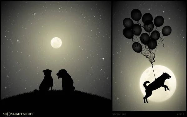 Conjunto Ilustración Vectorial Divertida Con Siluetas Perros Noche Iluminada Por — Vector de stock