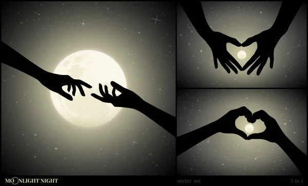 Σετ Ρομαντικών Διανυσματικών Εικονογραφήσεων Σιλουέτες Χειρονομιών Φεγγαρόλουστη Νύχτα Φτάνοντας Χέρια — Διανυσματικό Αρχείο