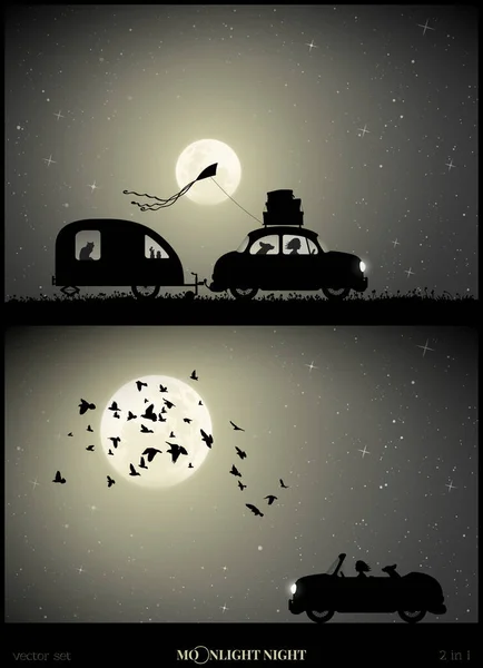 Set Vector Illustration Silhouettes Woman Dog Traveling Moonlit Night Flock — Stock Vector