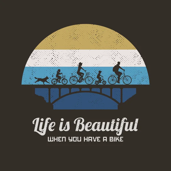Família Bicicleta Ponte Ilustração Retrô Com Silhuetas Ciclistas Cão Corrida —  Vetores de Stock
